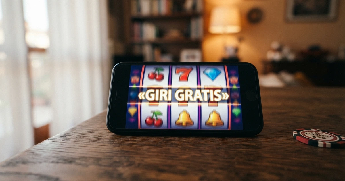 Uno schermo di smartphone che mostra una slot machine colorata con la scritta «Giri Gratis» in evidenza e un contatore dei giri in alto
