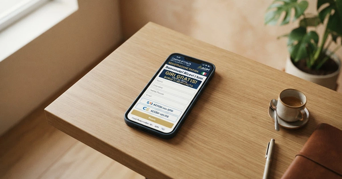 Una schermata di registrazione su un casino online ADM con l'indicazione «Giri Gratis» e le icone di SPID e CIE visibili nell'interfaccia