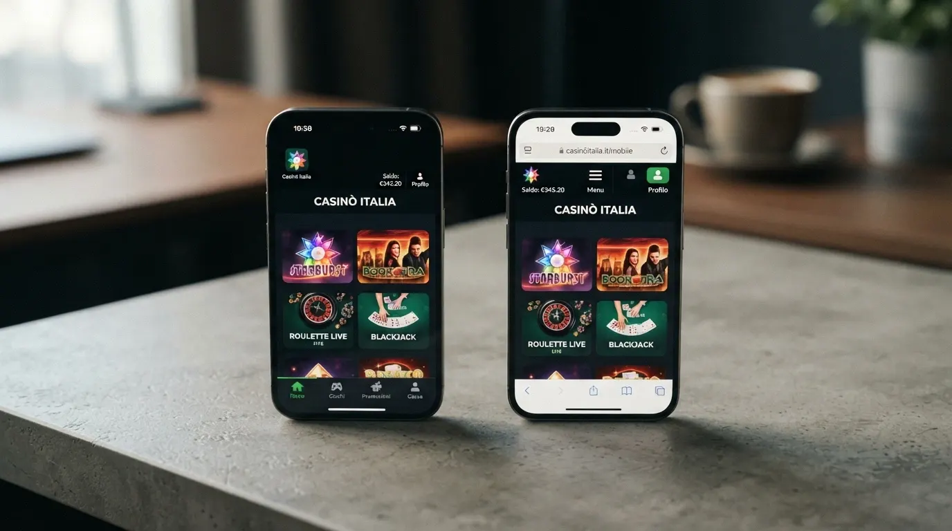 Due iPhone affiancati: a sinistra l'app casinò nativa con icona sullo schermo, a destra lo stesso casinò aperto in Safari con interfaccia web