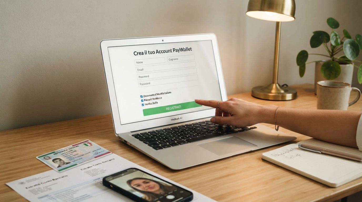 La schermata di registrazione di EcoPayz con i campi da compilare e, in overlay, le icone dei documenti richiesti per la verifica: carta d'identità, bolletta, selfie.