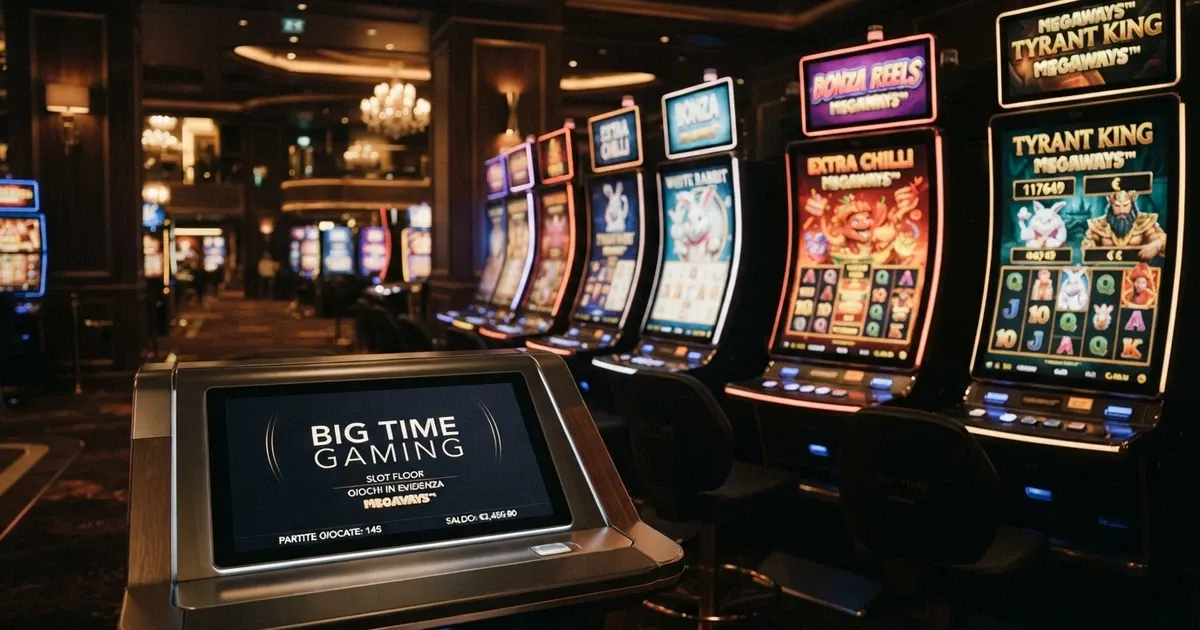 Una sala da casinò virtuale con slot machine Big Time Gaming illuminate, il logo BTG in primo piano e un'interfaccia di gioco su schermo