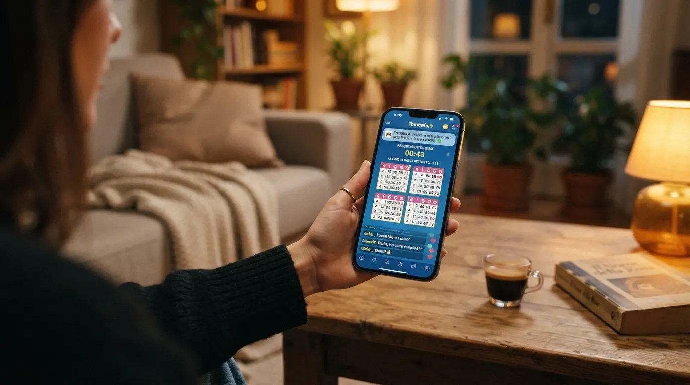 Un telefono con una partita di bingo online attiva, notifica push di un'estrazione in arrivo e interfaccia touch per l'acquisto delle cartelle