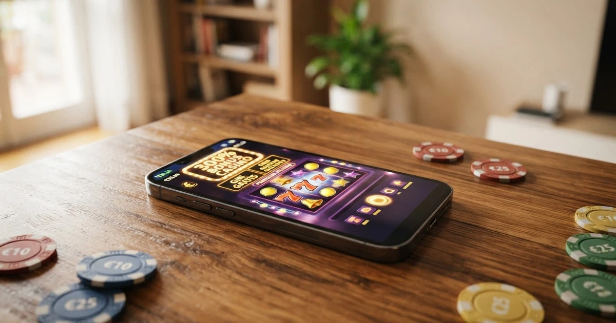 Scritta luminosa «300% Bonus» sopra un tavolo da casinò virtuale con chip e carte, sfondo scuro