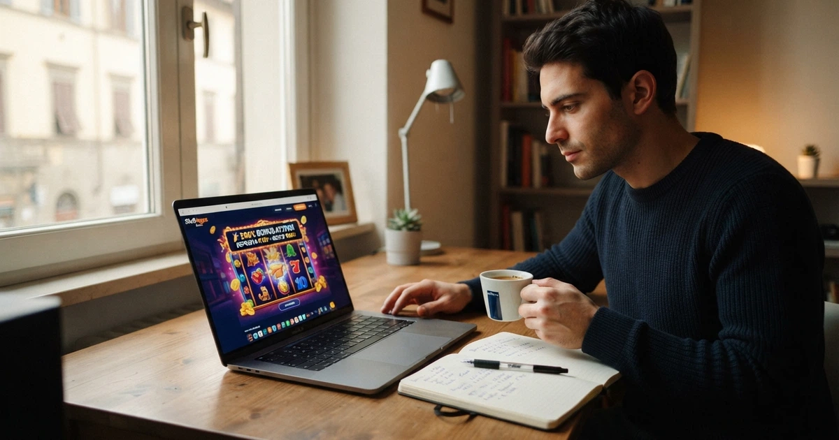 Un giocatore siede davanti allo schermo di un computer con l'interfaccia di un casinò online; accanto, un blocco note con calcoli a penna e una calcolatrice, il tutto in luce naturale da una finestra laterale
