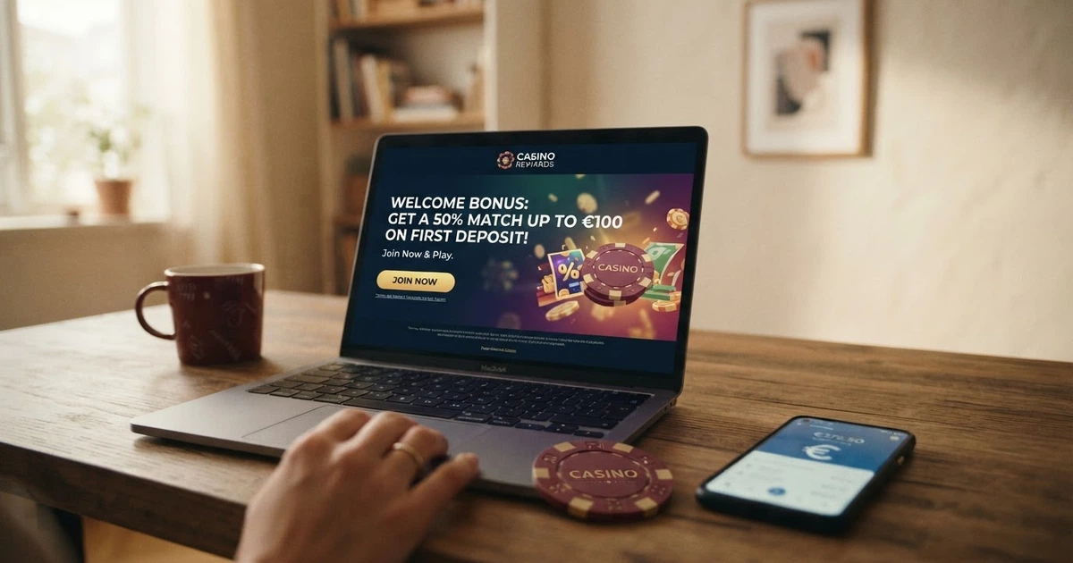 Un giocatore seduto davanti a un laptop che osserva la schermata di benvenuto di un casinò online con un'offerta di bonus in primo piano e una carta d'identità appoggiata accanto alla tastiera