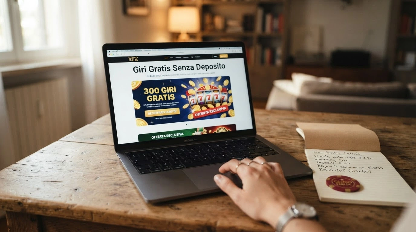 Primo piano di una schermata promozionale con l'offerta di free spin senza deposito e le condizioni in evidenza