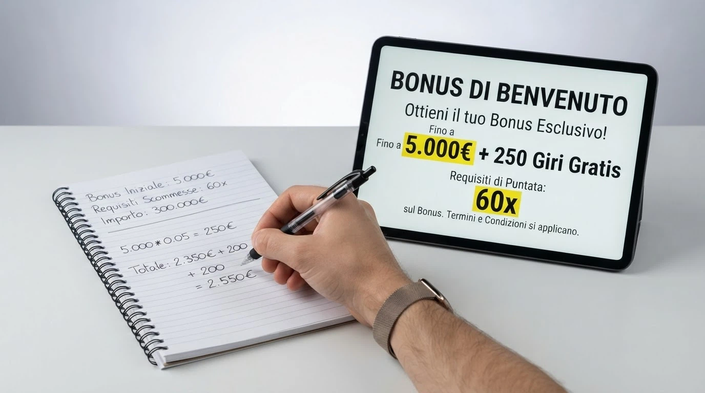 Il primo piano di una calcolatrice accanto alla schermata di un bonus di benvenuto con l'importo e il requisito di puntata evidenziati