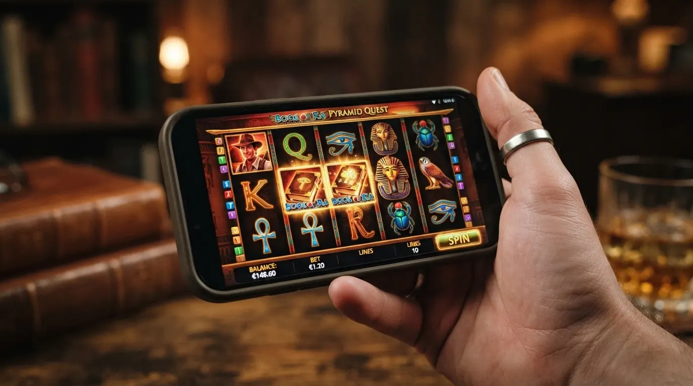 Schermata del gioco Book of Ra Deluxe con cinque rulli, il simbolo dell'esploratore e geroglifici egiziani sullo sfondo