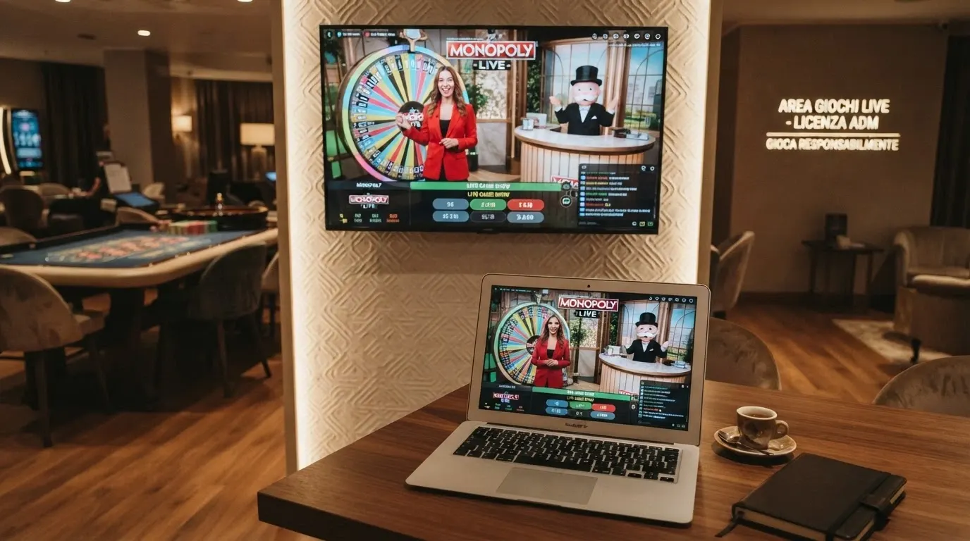 Lobby di un casinò online con licenza ADM che mostra il gioco Monopoly Live di Evolution tra i titoli live disponibili