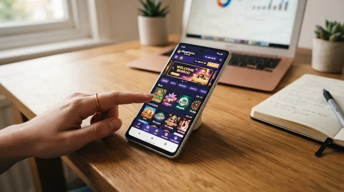 Smartphone che mostra l'interfaccia di un'app di casinò online con la lobby dei giochi e il menu di navigazione in evidenza