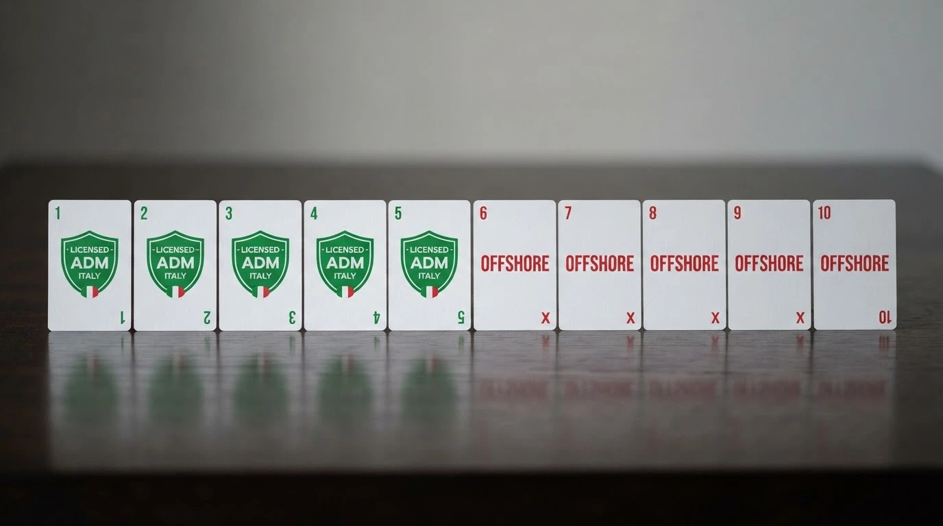 Una fila di dieci casinò online disposti come carte da gioco, divisi in due gruppi: cinque con il bollino ADM e cinque con la scritta offshore in evidenza