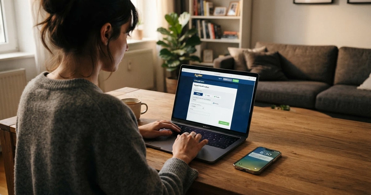 Un giocatore seduto al computer con lo schermo che mostra l'interfaccia di deposito di un casinò online e un telefono con la notifica della banca che conferma il bonifico istantaneo