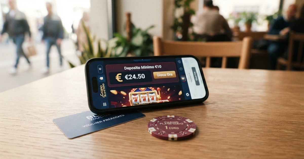 Un giocatore consulta il telefono con la schermata di deposito di un casinò online aperta, accanto a una carta prepagata e poche monete su un tavolo