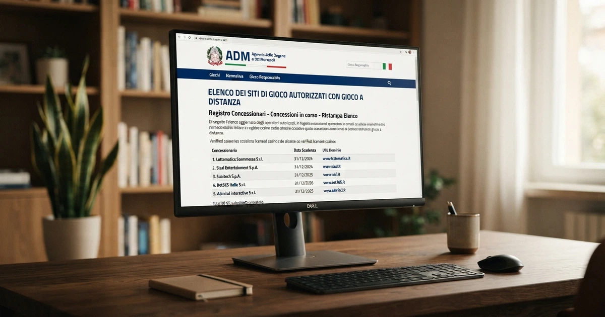Un monitor che mostra l'elenco ufficiale dei concessionari ADM sul sito dell'Agenzia delle Dogane e dei Monopoli, con il logo istituzionale in evidenza