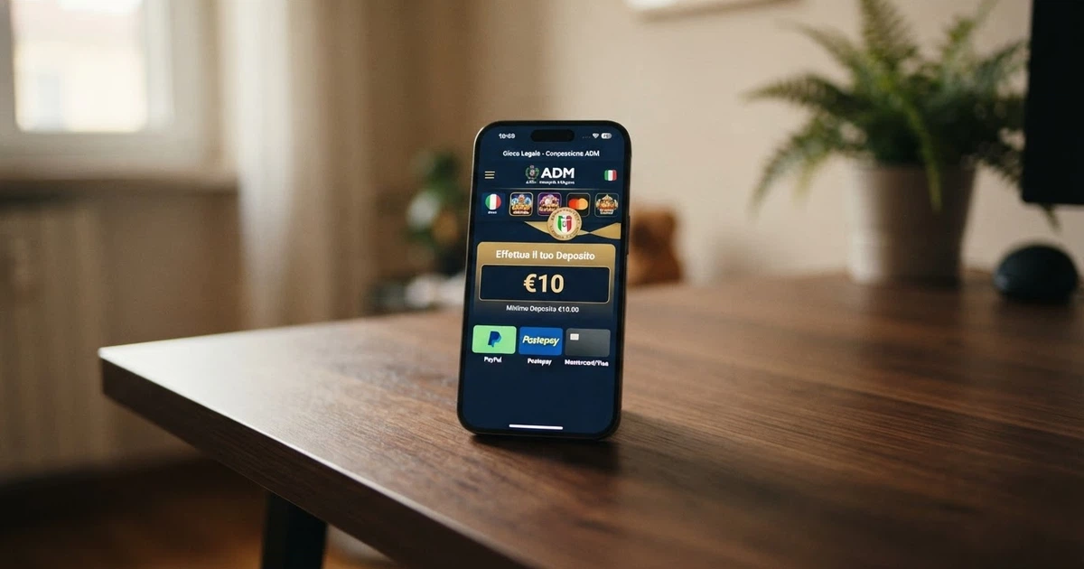 Una schermata di un casino online con licenza ADM che mostra l'interfaccia di deposito con l'opzione 10€ selezionata, affiancata da icone dei metodi di pagamento disponibili.