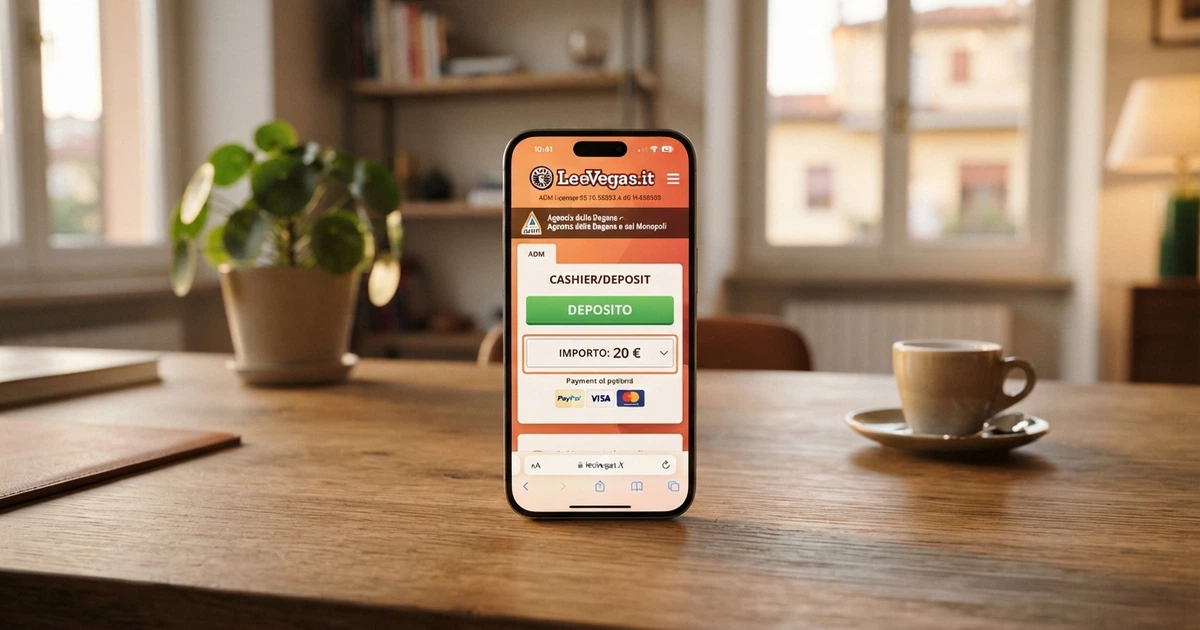 L'interfaccia di un casinò online ADM con pulsanti di deposito, anteprima di slot e l'importo «20 €» evidenziato nella sezione cassa