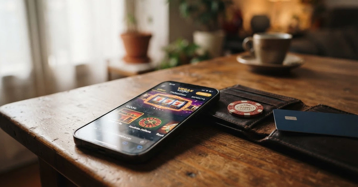 Un telefono con lo schermo di un casinò online in italiano, accanto un portafoglio con una moneta da 2 euro e una banconota da 5 euro appoggiate sul tavolo