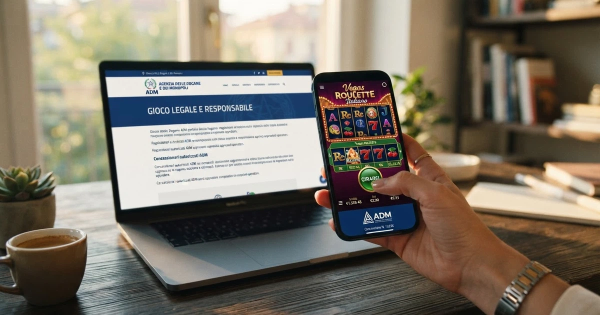 Un giocatore davanti allo schermo di un casinò online con l'interfaccia in italiano, il registro ADM visibile in secondo piano come simbolo di legalità