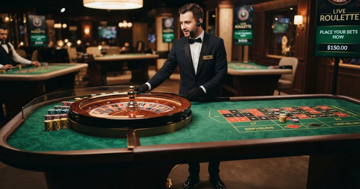 Un tavolo da roulette live con croupier in smoking ripreso da molteplici angolazioni in uno studio professionale, chips virtuali sul tavolo verde e interfaccia di puntata visibile sullo schermo