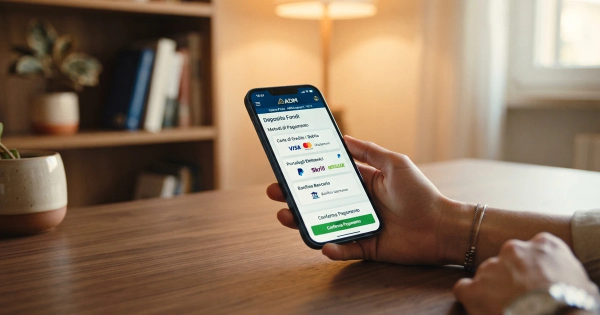 Una schermata di un casinò online con licenza ADM che mostra diverse opzioni di pagamento nella cassa virtuale, con icone di carte, e-wallet e bonifico