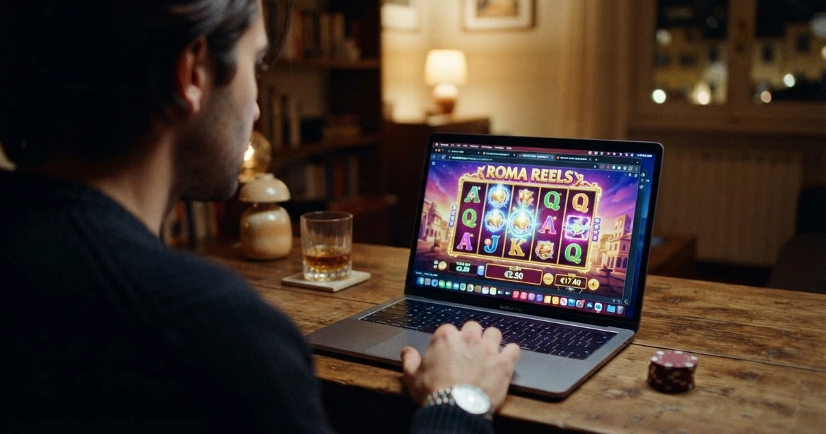 Un primo piano dello schermo di un computer portatile aperto sulla homepage di un casino online; in basso a destra, il logo di una licenza estera e nessun marchio ADM visibile