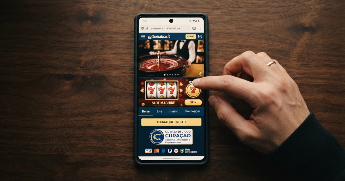 L'interfaccia di un casinò online con licenza visibile nel footer, lucchetto di sicurezza nella barra degli indirizzi e strumenti di gioco responsabile nell'area personale