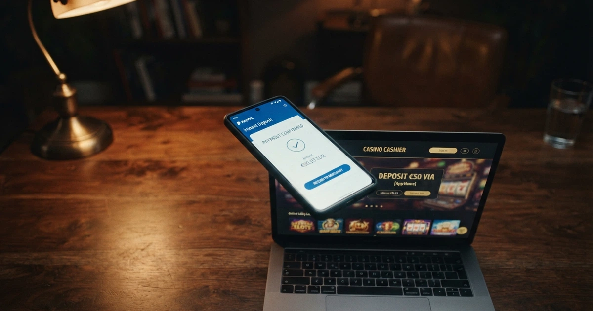 Interfaccia dell'app Klarna su uno smartphone accanto alla schermata della cassa di un casinò online