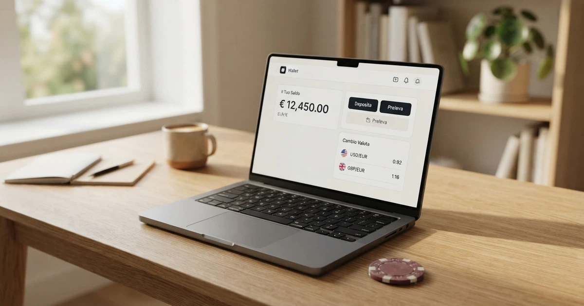 L'interfaccia di un portafoglio elettronico MiFinity aperta sullo schermo di un computer, con il logo MiFinity e le opzioni di deposito, prelievo e cambio valuta visibili nella dashboard
