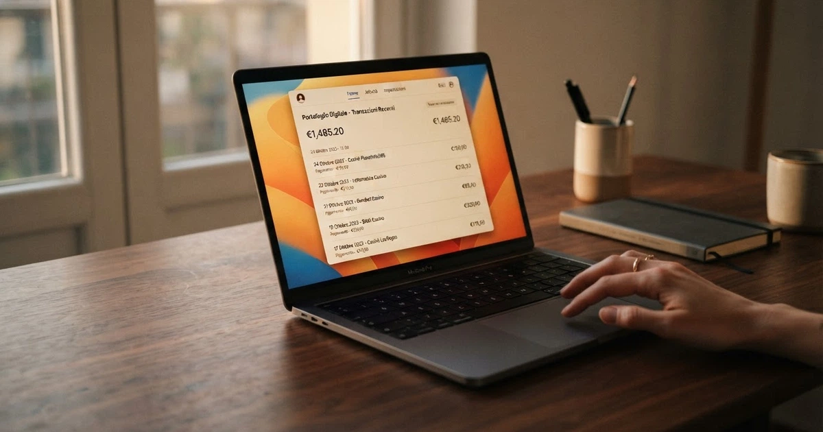 L'interfaccia di un portafoglio elettronico Neteller aperta sullo schermo di un laptop, con il logo Neteller visibile e una lista di transazioni recenti verso casinò online