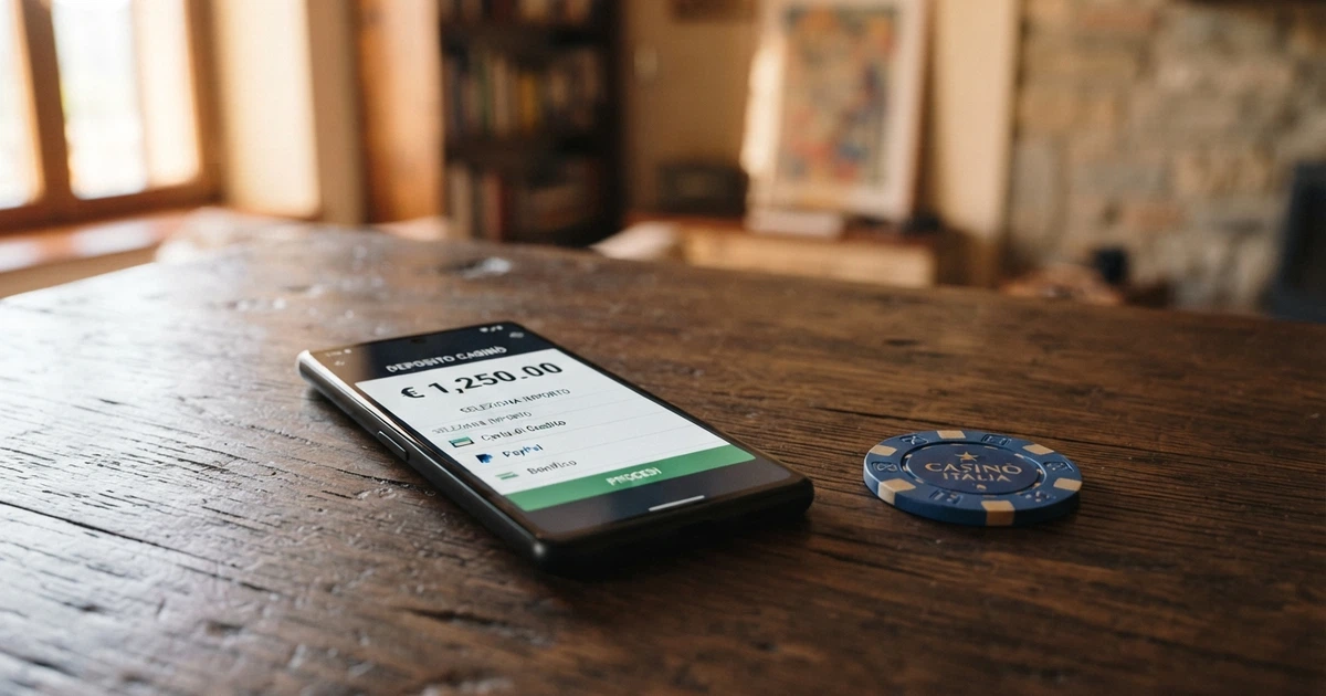 Una carta Nexi appoggiata su uno schermo di smartphone che mostra la pagina di deposito di un casinò online, con il logo Visa/Mastercard visibile sullo schermo