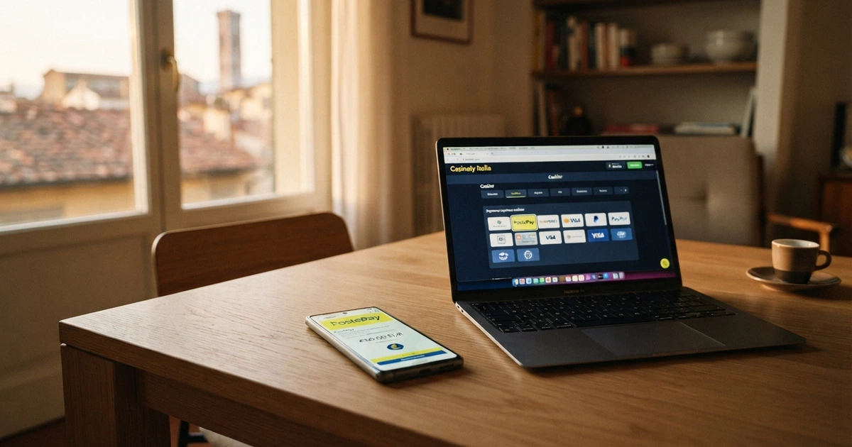 Un telefono con l'app Satispay aperta accanto allo schermo di un casinò online che mostra la cassa con il logo Satispay tra i metodi di pagamento
