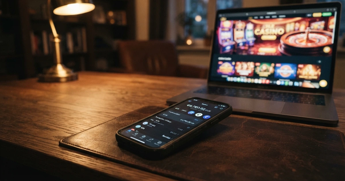 Uno smartphone con l'interfaccia del wallet Skrill aperta e sullo sfondo la schermata di un casinò online