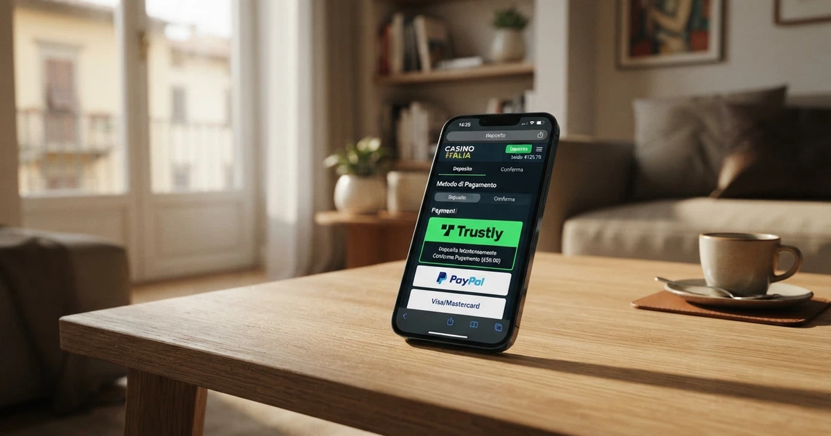 Interfaccia di un casinò online con il logo Trustly in evidenza tra i metodi di pagamento disponibili nella cassa