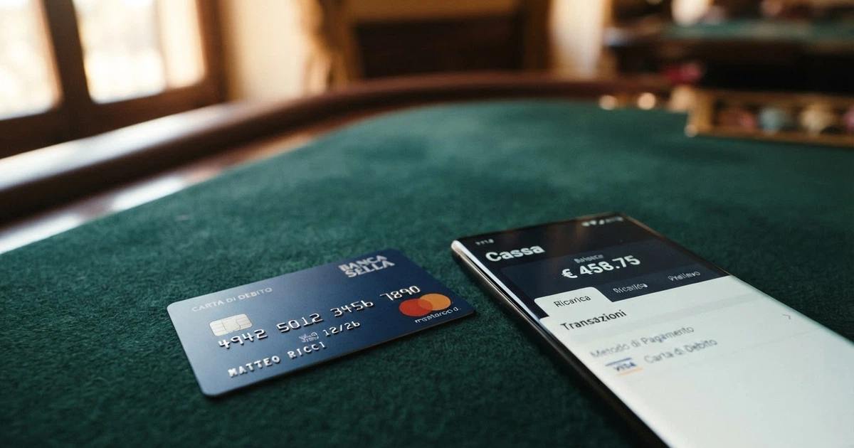 Una carta Visa appoggiata su un tavolo da gioco accanto allo schermo di un computer che mostra la cassa di un casinò online