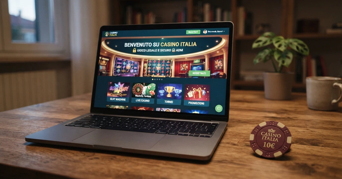L'ingresso di un casinò online legale con l'interfaccia in italiano, schermo di un computer portatile che mostra la lobby giochi e il simbolo del lucchetto di sicurezza