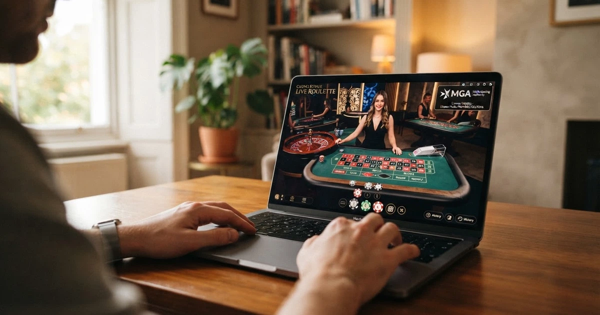 Due mani su un tavolo da gioco digitale con lo schermo di un computer portatile sullo sfondo e un badge «MGA» visibile nell'interfaccia