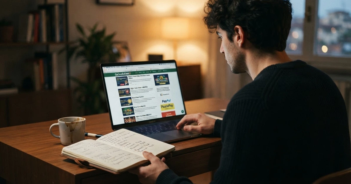 Un giocatore italiano che consulta recensioni di casinò online sullo schermo di un laptop, con icone di licenze e stelle di valutazione visibili