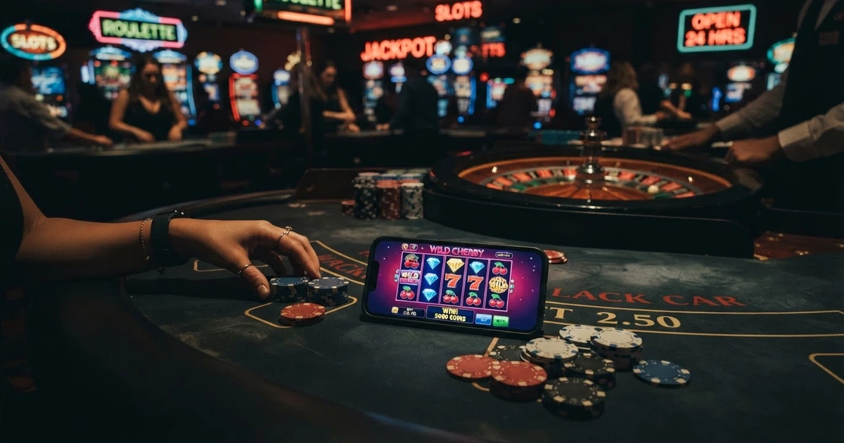 Interfaccia di un casinò online con slot machine luminose in stile Las Vegas, fiches e una ruota della roulette americana su sfondo scuro, visibile sia su desktop che su smartphone.
