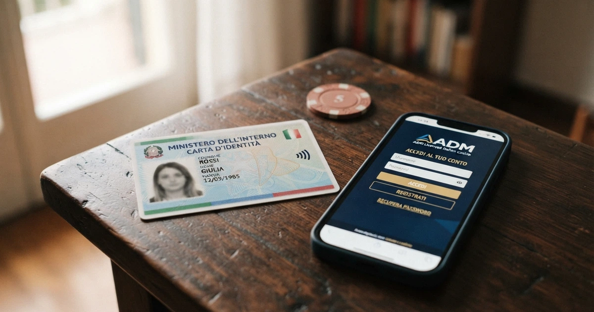 Una carta d'identità elettronica italiana posata accanto a uno smartphone che mostra la schermata di accesso di un casinò online