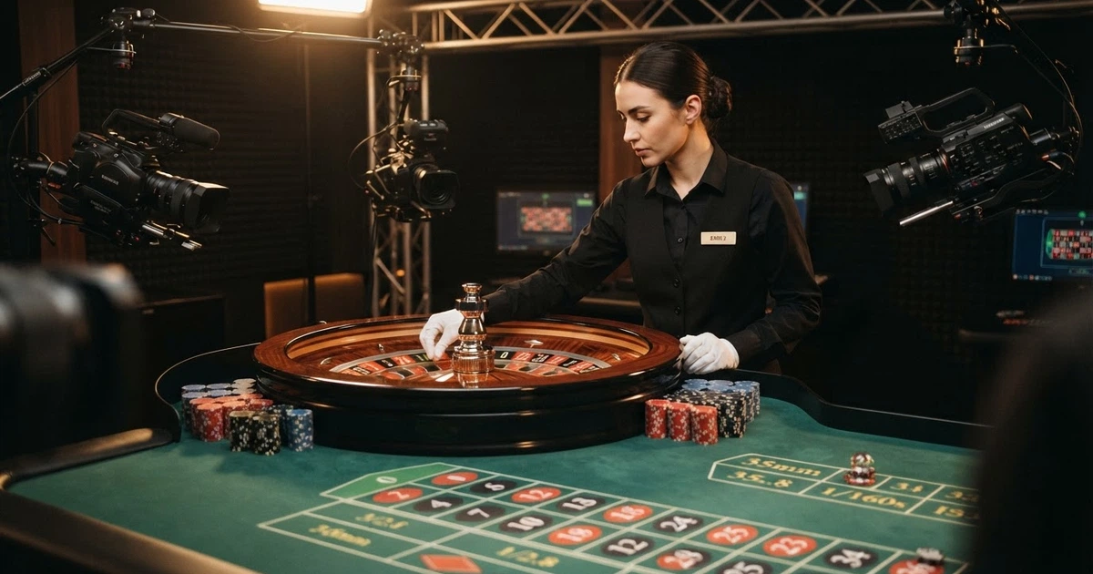 Un croupier dal vivo in uniforme dietro un tavolo da roulette in uno studio di trasmissione, inquadrato da più telecamere HD con illuminazione professionale
