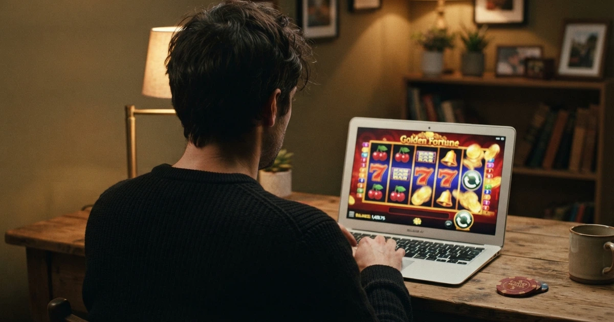 Un giocatore seduto davanti allo schermo di un computer, con il riflesso di una schermata di casinò online e in sovrimpressione la dicitura simbolica «RUA non connesso».