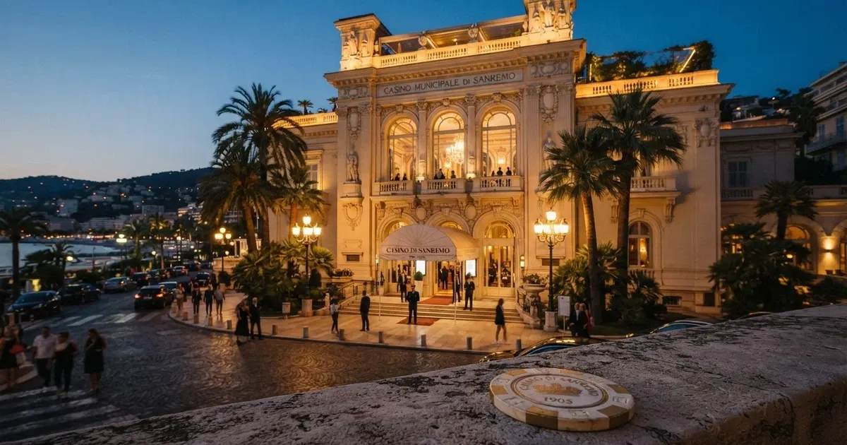 La facciata Liberty Decò del Casinò di Sanremo sul Corso degli Inglesi, con il Roof Garden visibile sulla sommità