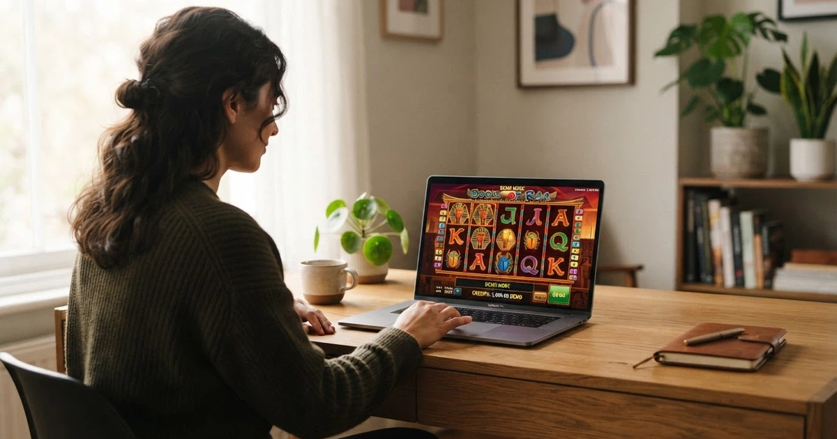 Un giocatore seduto davanti a un computer portatile con una slot machine aperta in modalità demo, crediti virtuali visibili sullo schermo, nessuna finestra di registrazione aperta