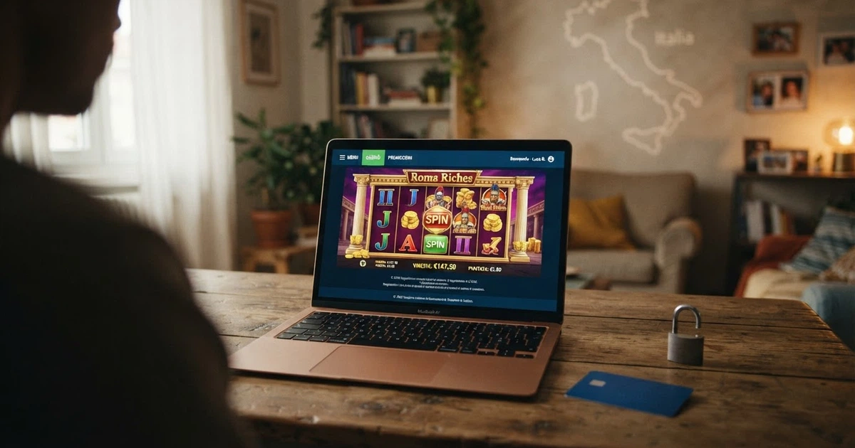 Un monitor con la homepage di un casinò online straniero in italiano, una carta di credito e un lucchetto aperto su uno sfondo con i confini dell'Italia