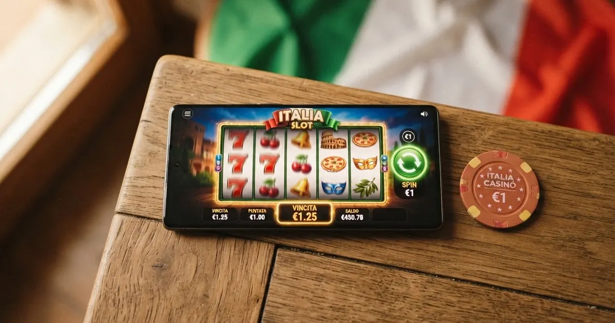 Un telefono con la schermata di un casinò online in italiano e una moneta da 1 euro appoggiata accanto, su uno sfondo che richiama il tricolore