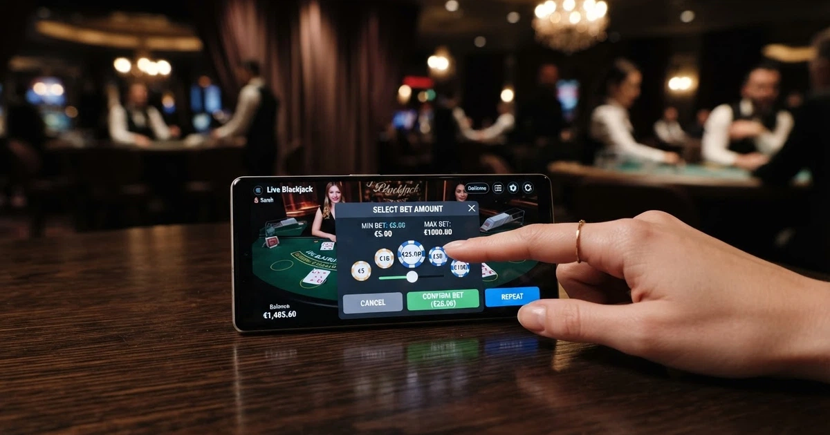 Interfaccia di un casinò online con licenza ADM che mostra il selettore di puntata aperto su un tavolo da gioco, con i valori minimo e massimo visibili sullo schermo