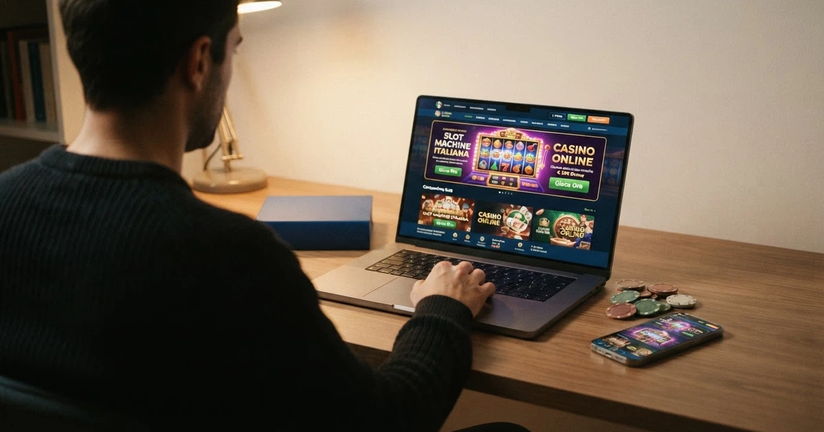 Un giocatore seduto davanti allo schermo di un computer con l'interfaccia di un casinò online in italiano, affiancato dai loghi delle licenze estere più comuni (Curaçao, MGA) e dal simbolo dell'ADM barrato