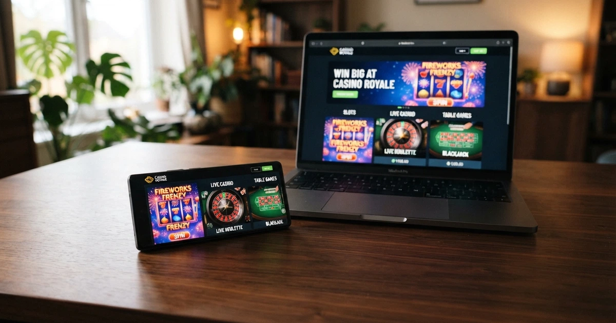 Interfaccia di un casinò online internazionale accessibile da browser e dispositivi mobili, con giochi di slot, roulette e blackjack in evidenza su schermo