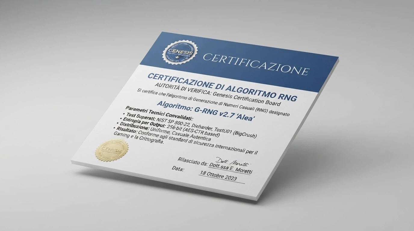 Documento di certificazione RNG con logo di un organismo di valutazione autorizzato da ADM e parametri tecnici verificati