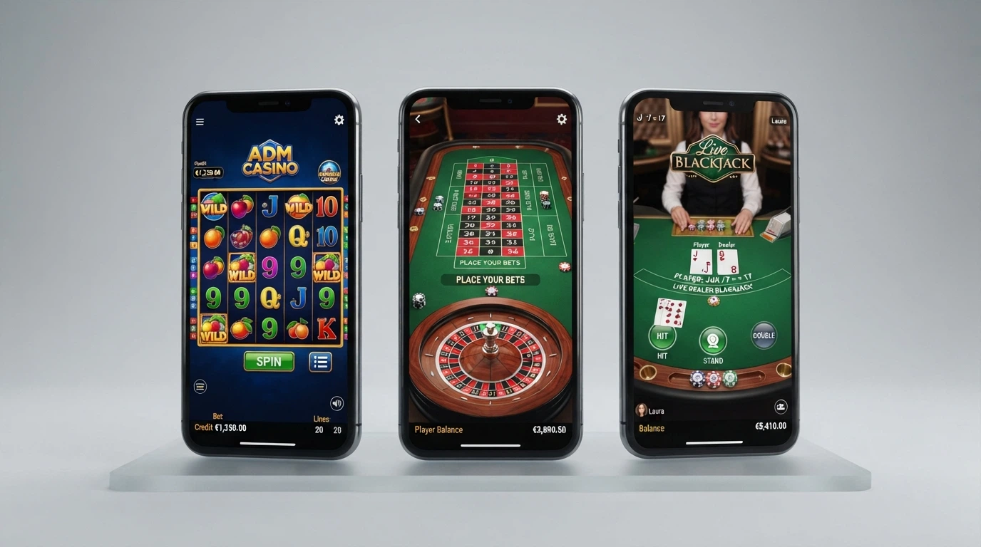 Una vista d'insieme delle homepage di diversi casinò online con licenza ADM, con i loghi degli operatori e l'indicazione dei metodi di pagamento accettati
